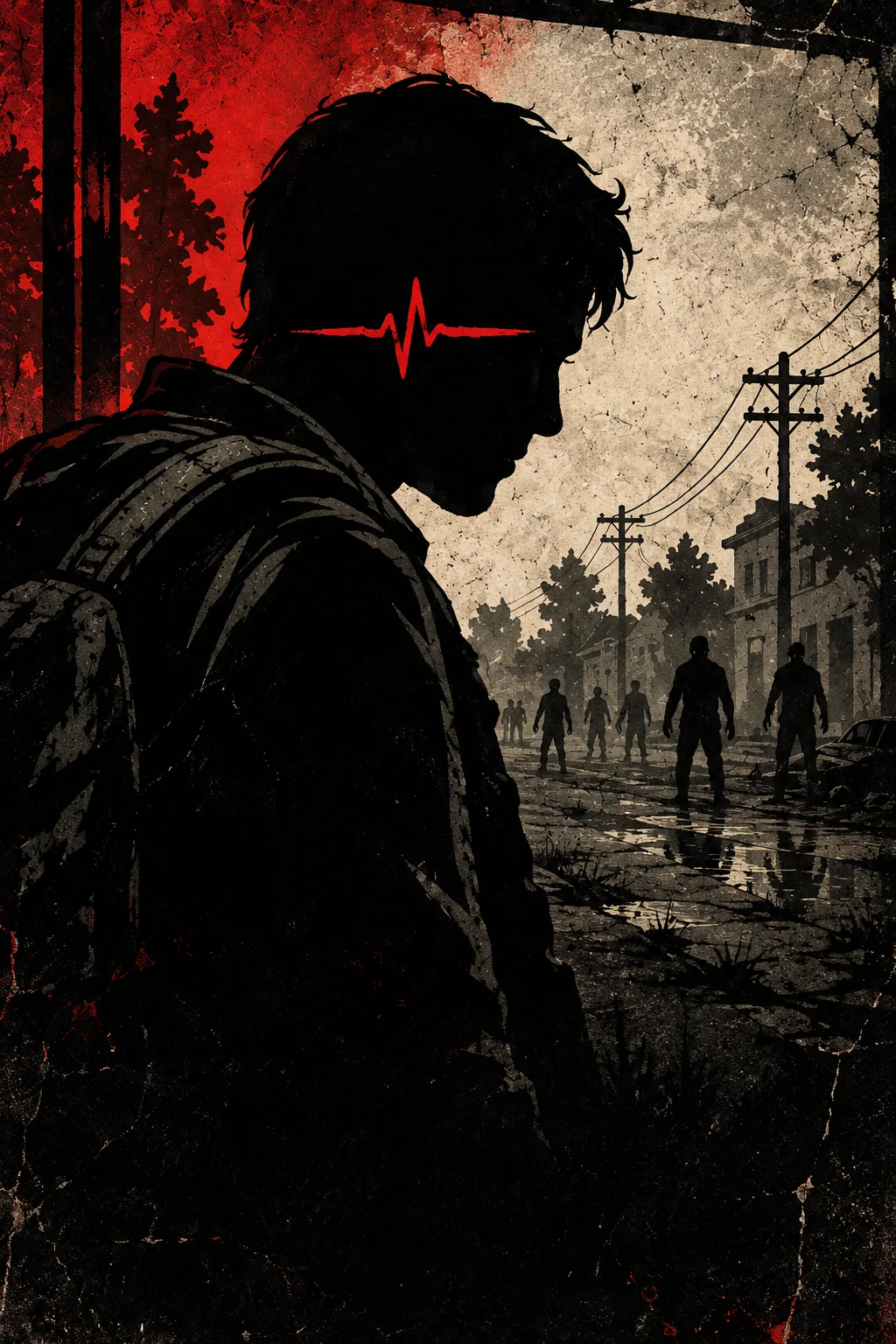 A survivor silhouetted against a ruined street, with a red pulse across his head